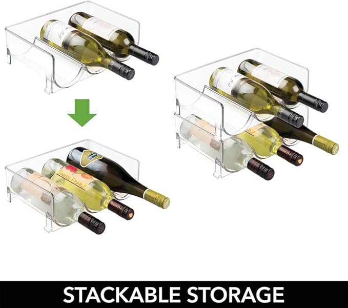 mDesign Stackable Plastic 3 Bottle Refrigerator Wine Rack - Kitchen Storage Organizer Holder for Storing Champagne, Wine, and Water Bottles - Stacking Wine Bottle Organizer for Fridge - 2 Pack - Clear