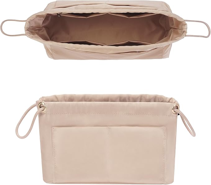 GIVLEFLY Purse Organizer Insert with Multiple Pockets, Drawstring Satin Tote Bag Organizer,Light Weight Purse Liner with Zipper Pocket Fit for Longchamp Hobo,Neverful and More (Beige,Large)