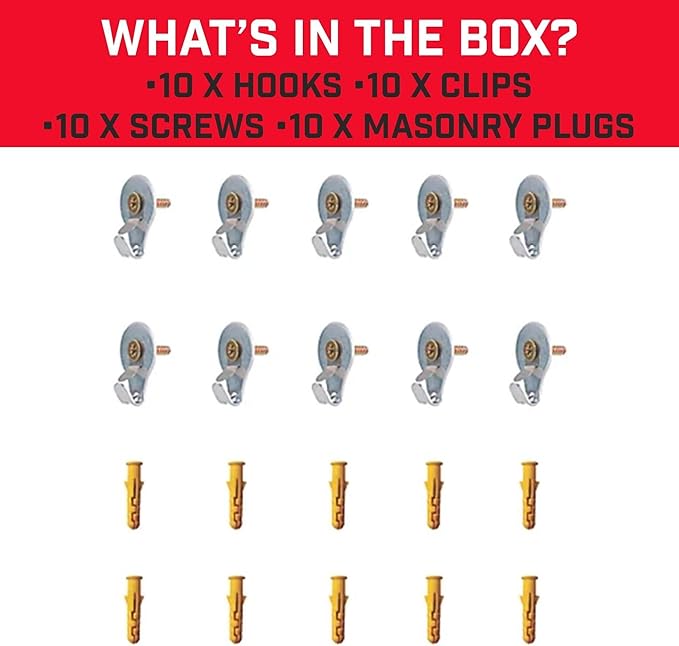 Bullfix Heavy Duty Picture Hooks 10 Pack - Steel Hanging Hardware for Masonry, Timber & Plasterboard Walls, Holds Up to 110 lbs - Heavy Duty Picture Hangers with Safety Clip