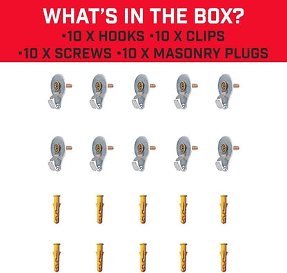Bullfix Heavy Duty Picture Hooks 10 Pack - Steel Hanging Hardware for Masonry, Timber & Plasterboard Walls, Holds Up to 110 lbs - Heavy Duty Picture Hangers with Safety Clip