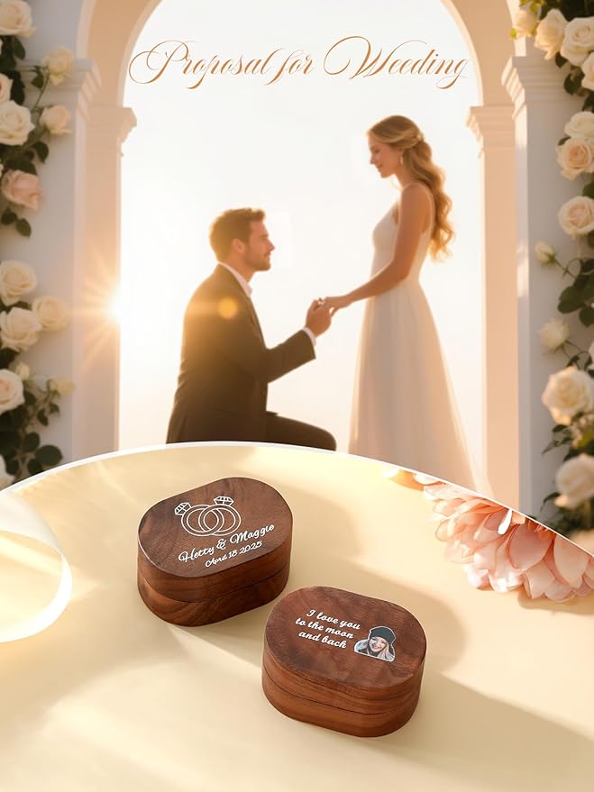 Custom4U Personalized Photo Ring Box for Proposal Wooden Engagement Ring Holder Box Wood Rustic Ring Storage Box Wedding Jewelry Gift for Women