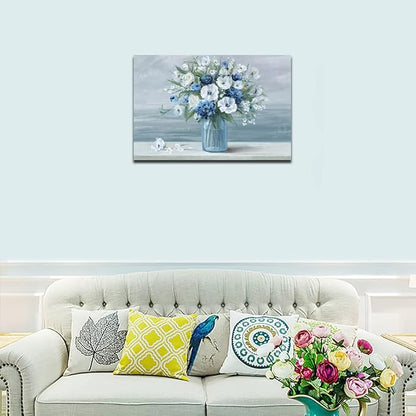 arteWOODS Vintage Flowers Canvas Wall Art Blue White Blossom Painting Retro Flowers in Vase Pictures Blue Ocean Background Artwork Prints for Bathroom Bedroom Wall Decor Ready to Hang 36 X 24in