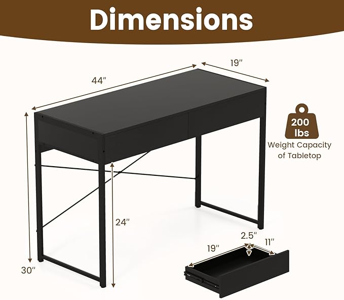 GOFLAME Modern 2-Drawer Computer Desk, Home Office Desk w/Reinforced Heavy-Duty Metal Frame, Versatile Study Writing Desk w/Anti-Tip Kit, Ideal for Bedroom, Study, Office, Small Spaces, Black