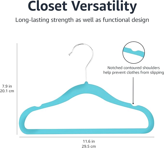 Amazon Basics Kids Velvet, Non-Slip Clothes Hangers for Infant and Toddler, 11.6 inches (for baby clothes), Pack of 50, Blue