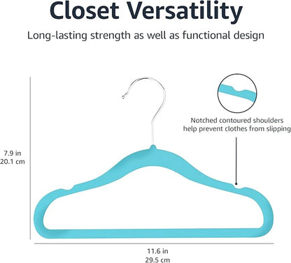 Amazon Basics Kids Velvet, Non-Slip Clothes Hangers for Infant and Toddler, 11.6 inches (for baby clothes), Pack of 50, Blue