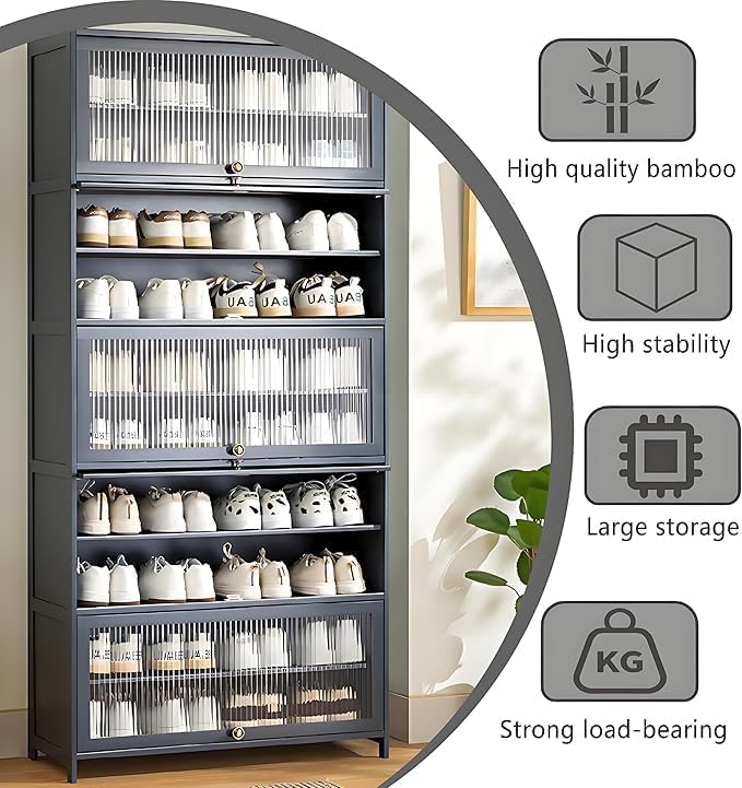 10-Tier Large Shoe Cabinet with Acrylic Doors, Large Capacity Bamboo Shoe Cabinet, 40-45 Pairs Shoe Rack, Free Standing Shoe Rack,Entrance for Hallway Living Room