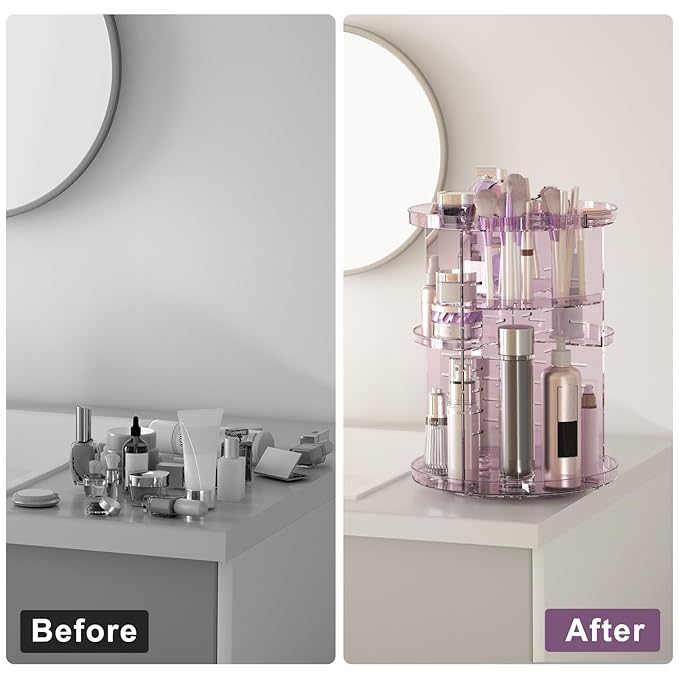 Rotating Makeup Organizer, DIY 8 Adjustable Layers Spinning Skincare Storage, Cosmetic Display Case with Brush Holder and Perfume Tray, Multi-Function Vanity Bathroom Countertop Organizer Clear Purple
