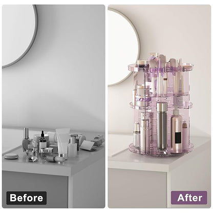 Rotating Makeup Organizer, DIY 8 Adjustable Layers Spinning Skincare Storage, Cosmetic Display Case with Brush Holder and Perfume Tray, Multi-Function Vanity Bathroom Countertop Organizer Clear Purple