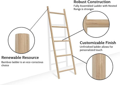 FUIN Fully Assembled 57in Bamboo Blanket Ladders Living Room Wood Decorative Wall Leaning Farmhouse Quilt Display Holder Rustic Wooden Towel Rack for Bathroom, Unfinished