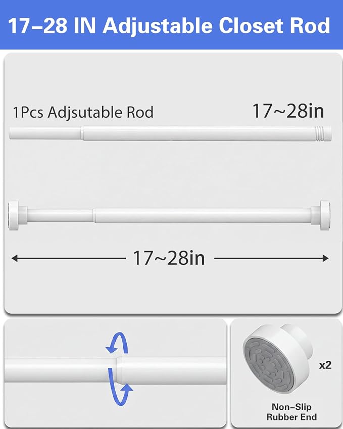 Supforce No Drilling Closet Rods for Hanging Clothes, Non Slip Tension Rod with Heavy Duty Clothes Hanging Rod, 17-28 Inches Adjustable Spring Closet Rod for Closet Wardrobe Bathroom Laundry RV, White