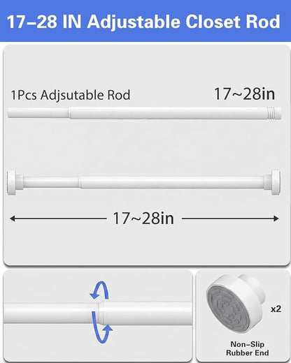 Supforce No Drilling Closet Rods for Hanging Clothes, Non Slip Tension Rod with Heavy Duty Clothes Hanging Rod, 17-28 Inches Adjustable Spring Closet Rod for Closet Wardrobe Bathroom Laundry RV, White
