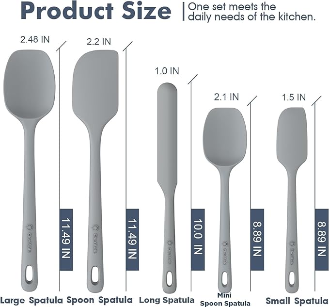 ChefAide 5 Pieces Silicone Spatula Set, Food Grade Rubber Spatula, Upgrade Strong Handle with Ergonomic Grip, Heat Resistant Up to 600°F for Nonstick Cookware, Cooking