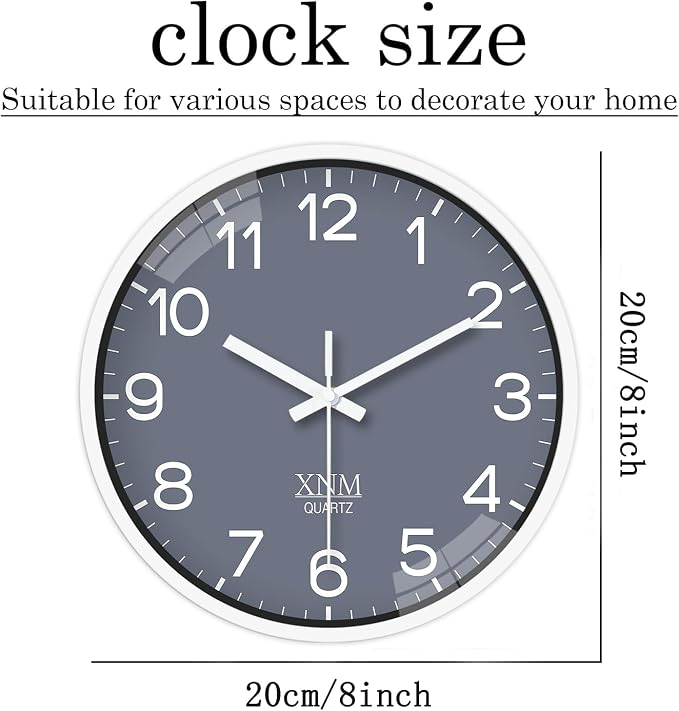 XNM Small Grey Minimalist Wall Clocks Battery Operated 8 Inch Classic Analog Clock for Living Room Kitchen Office Bedroom Modern Wall Clock Silent Non Ticking