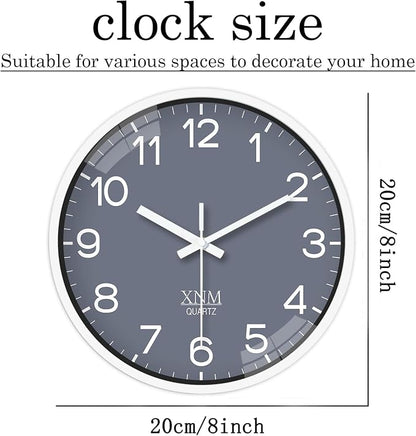 XNM Small Grey Minimalist Wall Clocks Battery Operated 8 Inch Classic Analog Clock for Living Room Kitchen Office Bedroom Modern Wall Clock Silent Non Ticking