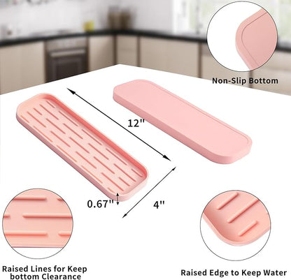 MicoYang Silicone Kitchen Sink Organizer Tray for Multiple Usage,Easy Clean,Eco-Friendly Sponges Holder for Kitchen Bathroom Counter or Sink,Dish Soap Dispenser,Scrubber,Bottle,Cup Pink 12" x 4”