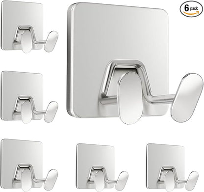 susswiff Shower Hooks for Inside Shower - Extra Sticky Stainless, Razor Holder Accessories, Wall Mounted Self-Adhesive Double Hooks for Razor, Loofah, Towel, Shaver, Coat, Key, Silver 6 Pack