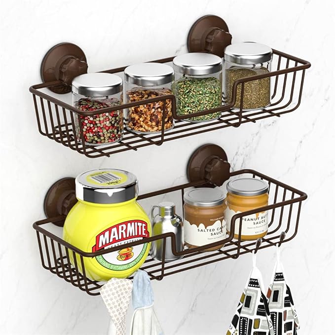 SANNO Suction Cup Shower Caddy Bathroom Caddies Storage Combo Organizer, No Damage Suction Cup,Rustproof Wire Basket for Kitchen & Bathroom, Bronze,pack of 2