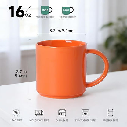 Coffee Mugs Set of 4, Stoneware Coffee Cups with Comfortable Handle, 16oz Ceramic Mugs for Kitchen & Office, Dishwasher & Microwave Safe - Orange