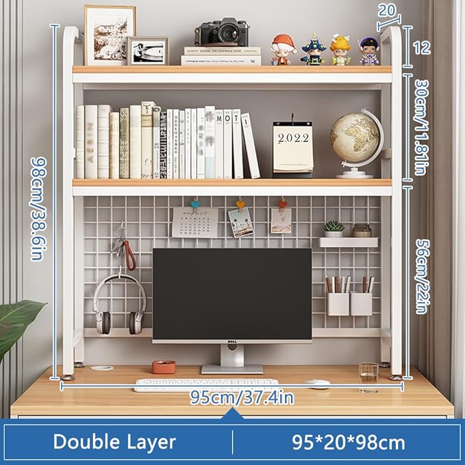 Desktop Hutch Bookshelf, 2-Tier Metal Desk Shelf with Grid Panel, Wooden Desktop Display Rack for Computer Monitor, Countertop Storage Organizer for Office Home Dorm (White)