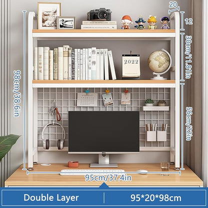 Desktop Hutch Bookshelf, 2-Tier Metal Desk Shelf with Grid Panel, Wooden Desktop Display Rack for Computer Monitor, Countertop Storage Organizer for Office Home Dorm (White)