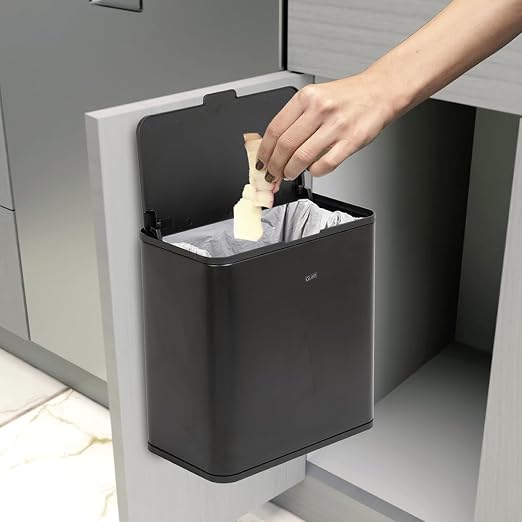Glad Roomate Under Counter Trash Can - Space Saving Stainless Steel Waste Bin with Dual Lid and Clorox Protection - Small Black Trash Can for Kitchen Cabinet, Under Sink, or Bathroom, 1.5 Gallon (6L)