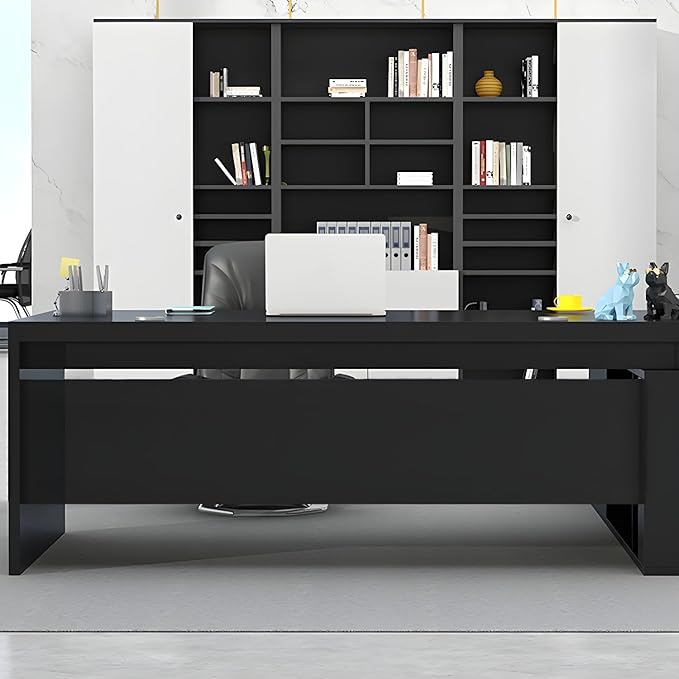 LITFAD Modern L-Shape Office Desk with Wood Base Executive Desks Boss Table Computer Desk Home Office Furniture with Drawers and Storage Shelves - Without Chairs 78.7" L x 31.5" W x 29.5" H Black
