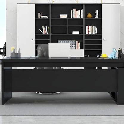 LITFAD Modern L-Shape Office Desk with Wood Base Executive Desks Boss Table Computer Desk Home Office Furniture with Drawers and Storage Shelves - Without Chairs 78.7" L x 31.5" W x 29.5" H Black