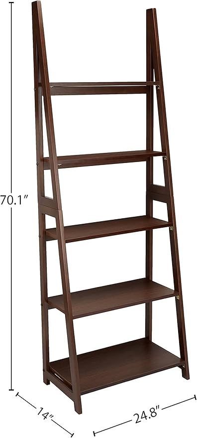 Amazon Basics 5-Tier Ladder Bookshelf Storage Organizer, Solid Rubberwood Frame, Space-Saving Bookcase, Sturdy Shelves, Walnut Finish, 14" D x 24.8" W x 70.1" H