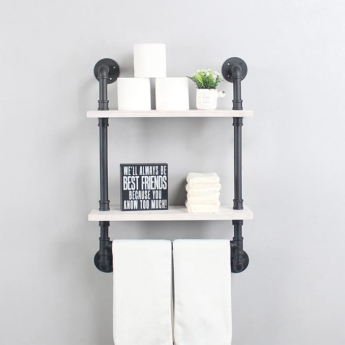 Bathroom Shelves,19.6in Rustic Wood Shelf with Towel Bar,2 Tier Farmhouse Towel Rack Over Toilet,Pipe Shelving Floating Shelves Towel Holder,Black & White