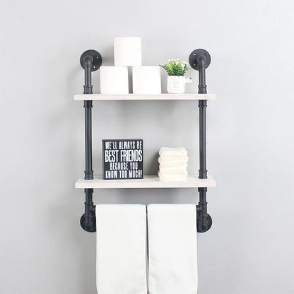 Bathroom Shelves,19.6in Rustic Wood Shelf with Towel Bar,2 Tier Farmhouse Towel Rack Over Toilet,Pipe Shelving Floating Shelves Towel Holder,Black & White