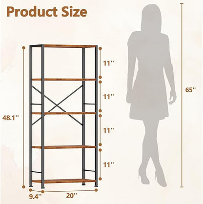 Furologee 5 Tier Book Shelf, Tall Wide Bookshelf, Industrial Open Bookcase, Display Shelves Storage Organizer, Shelving Unit for Living Room, Home Office, Bedroom, Rustic Brown