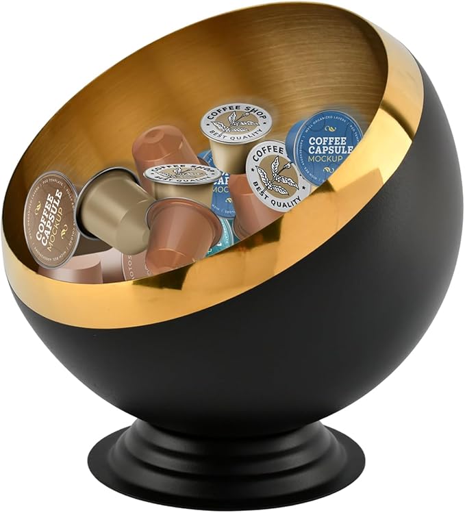 Coffee Pod Holder, Large Capacity Stainless Steel K Cups Holder Organizer Bowl Coffee Capsule Creamer Container Basket, Espresso Pods Storage for Bar Station, Counter (Black Gold)