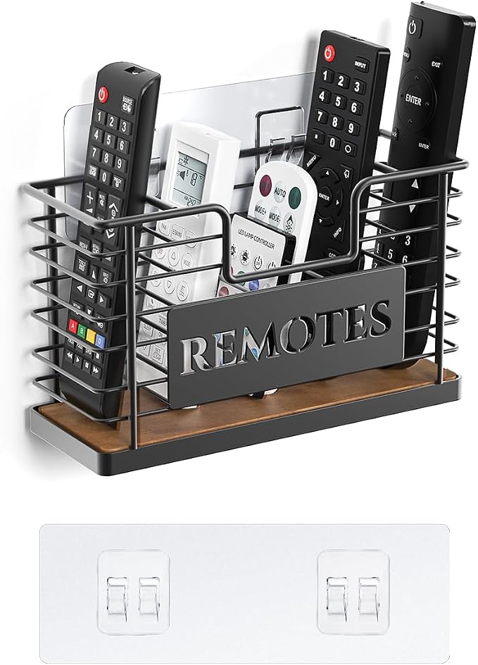 Remote Control Holder, 5-Slot TV Remote Holder Wall Mount, Universal Remote Caddy Large Size Design for Wall Table Living Room Bedroom, Easy Installation, Brown