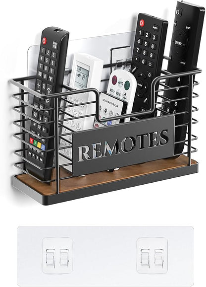 Remote Control Holder, 5-Slot TV Remote Holder Wall Mount, Universal Remote Caddy Large Size Design for Wall Table Living Room Bedroom, Easy Installation, Brown
