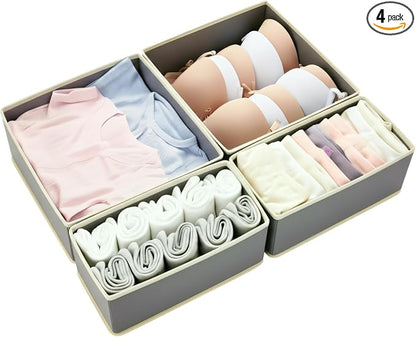Drawer Organizer Set 4 Pack - Foldable 11" Fabric Storage Bins with Zipper Bottom for Underwear Socks Bras Baby Clothes - Closet Dresser Dividers for Bedroom Nursery, Light Grey