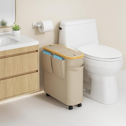 VITVITI Toilet Paper Storage Basket with Lid, Bathroom Toilet Paper Holder Organizer for 9-12 Rolls Large Capacity, Foldable Fabric Bamboo Toilet Paper Container with Pockets, Medium (Khaki)