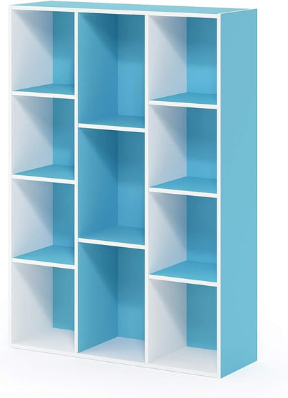 Furinno LUDER Book Shelf, 11-Cube Bookshelf, Reversible Bookcase, 9.4 x 29.1 x 41.7, for Living Room, Bedroom, Home Office, White/Light Blue