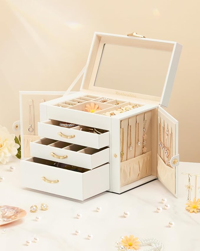 Jewelry Box with 3 Drawers: Display Organizer for Earrings Necklaces - Gift for Girls Women (White)