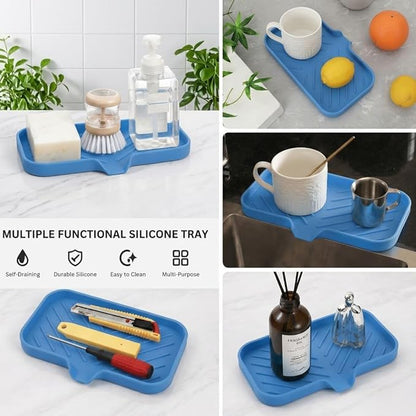 MicoYang Silicone Soap Dish with Drain Spout — Self-Draining Sink Organizer Tray for Bathroom & Kitchen, Sponges, Dispensers & Soap Holder, Non-Slip & Dishwasher Safe, Lichen Blue (Medium, 9.6"×5.3")