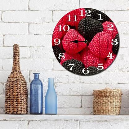 Mulberry Fruit Wall Clock 10 Inch Silent Non Ticking Battery Operated Wooden Modern Office Simple Minimalist Clock Decorative for Kitchen Home Bathroom Living Room