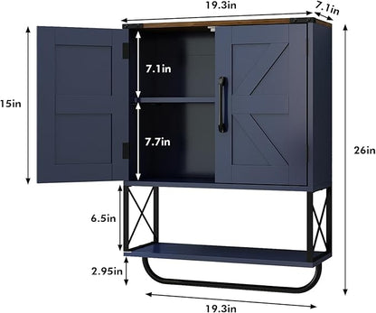 RUSTOWN Farmhouse Medicine Cabinet with 2 Barn Door, Boho Wood Wall Mounted Storage Cabinet with Adjustable Shelf and Towel Bar, 3-Tier Bathroom Cabinet for Bathroom (Navy Blue and Walnut)