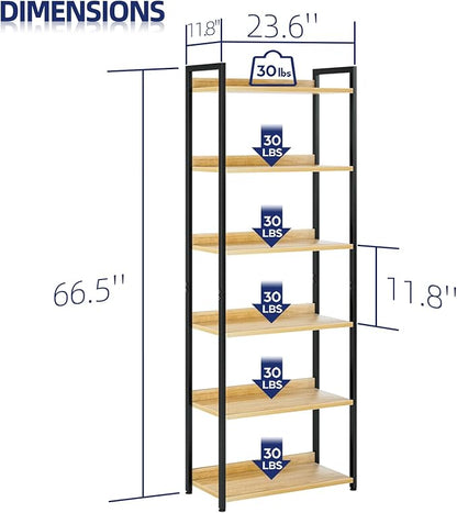 NUMENN Bookshelf, 6 Tier Bookshelves, Home Office Bookcase Shelf Storage Organizer, Free Standing Storage Shelving Unit for Bedroom, Living Room and Home Office, Natural