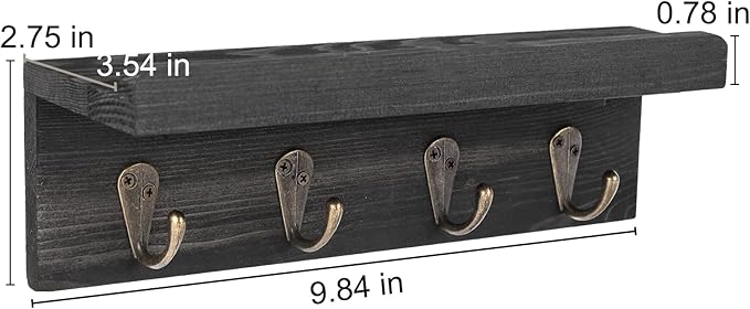 Rustic Key Holder for Wall, Farmhouse Wall Shelf with 4 Hooks, Wall Mounted Key Racks, Wooden Mail Organizer with Hooks for Entryway (Black - Pine)