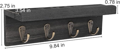 Rustic Key Holder for Wall, Farmhouse Wall Shelf with 4 Hooks, Wall Mounted Key Racks, Wooden Mail Organizer with Hooks for Entryway (Black - Pine)