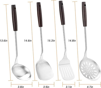 FJNATINH Cooking Utensils - Spatula, Ladle, Skimmer Spoon, Slotted Spatula - 4 Pieces Stainless Steel Wok Utensils Set for Carbon Steel