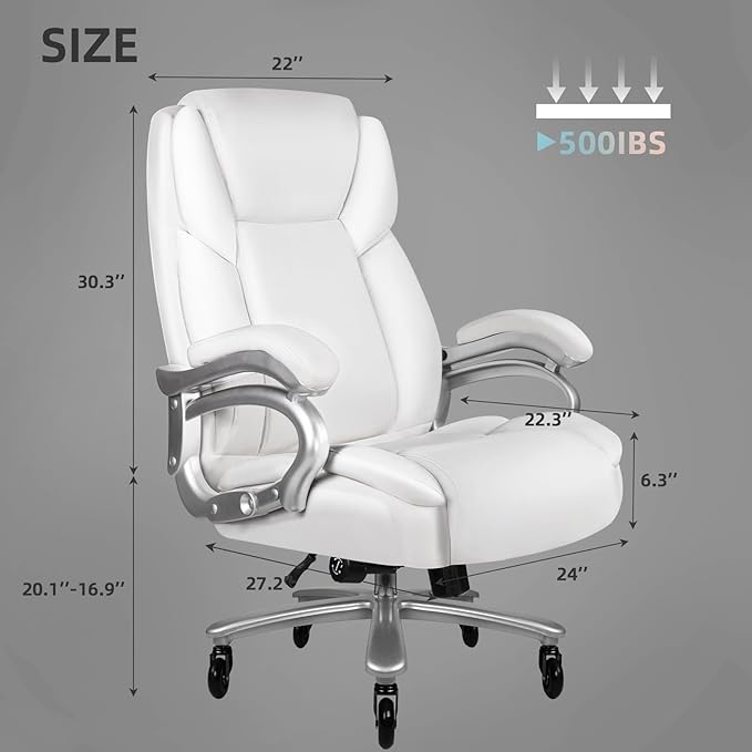 VITESSE 500lbs Heavy Duty Office Chair for Low Back Pain Relief, Big and Tall Office Chair with Ergonomic Lumbar Support, High Back Executive Chair with Quiet Rubber Wheel（White）