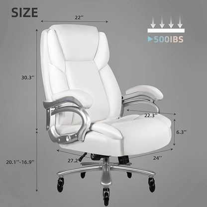VITESSE 500lbs Heavy Duty Office Chair for Low Back Pain Relief, Big and Tall Office Chair with Ergonomic Lumbar Support, High Back Executive Chair with Quiet Rubber Wheel（White）