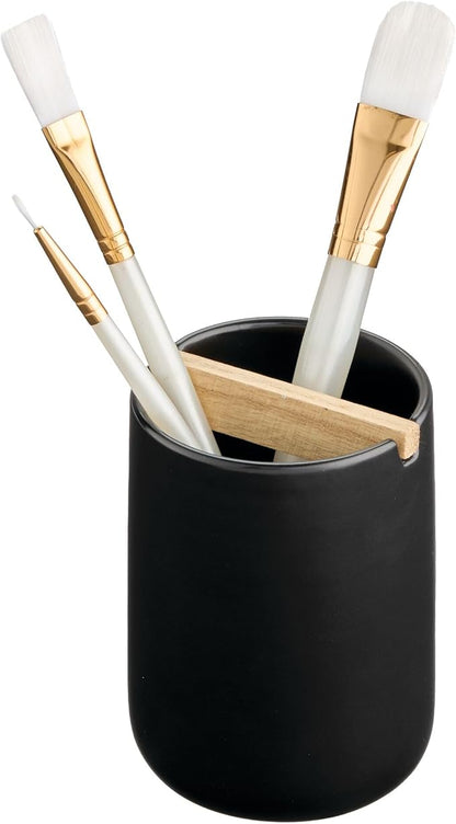 iDesign Toothbrush Holder with Removable Wood Divider for Bathroom Countertops - Matte Black