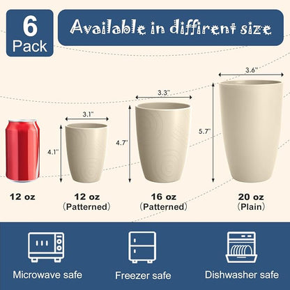 Unbreakable Wheat Straw Cups Set of 6, 12 OZ Reusable Plastic Cup Alternative, Dishwasher Safe Drinking Cups for Kitchen, Camping, Kids, Beige