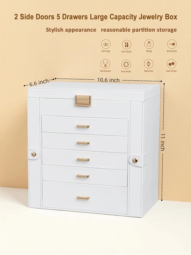 BOOVO Jewelry Box For women, 6 Layer Large Jewelry Organizer With Mirror, Multi-Function Storage Box With Lock, Necklace Holder With 5 Drawers, For Earrings Necklace Bracelet (White and Gold)
